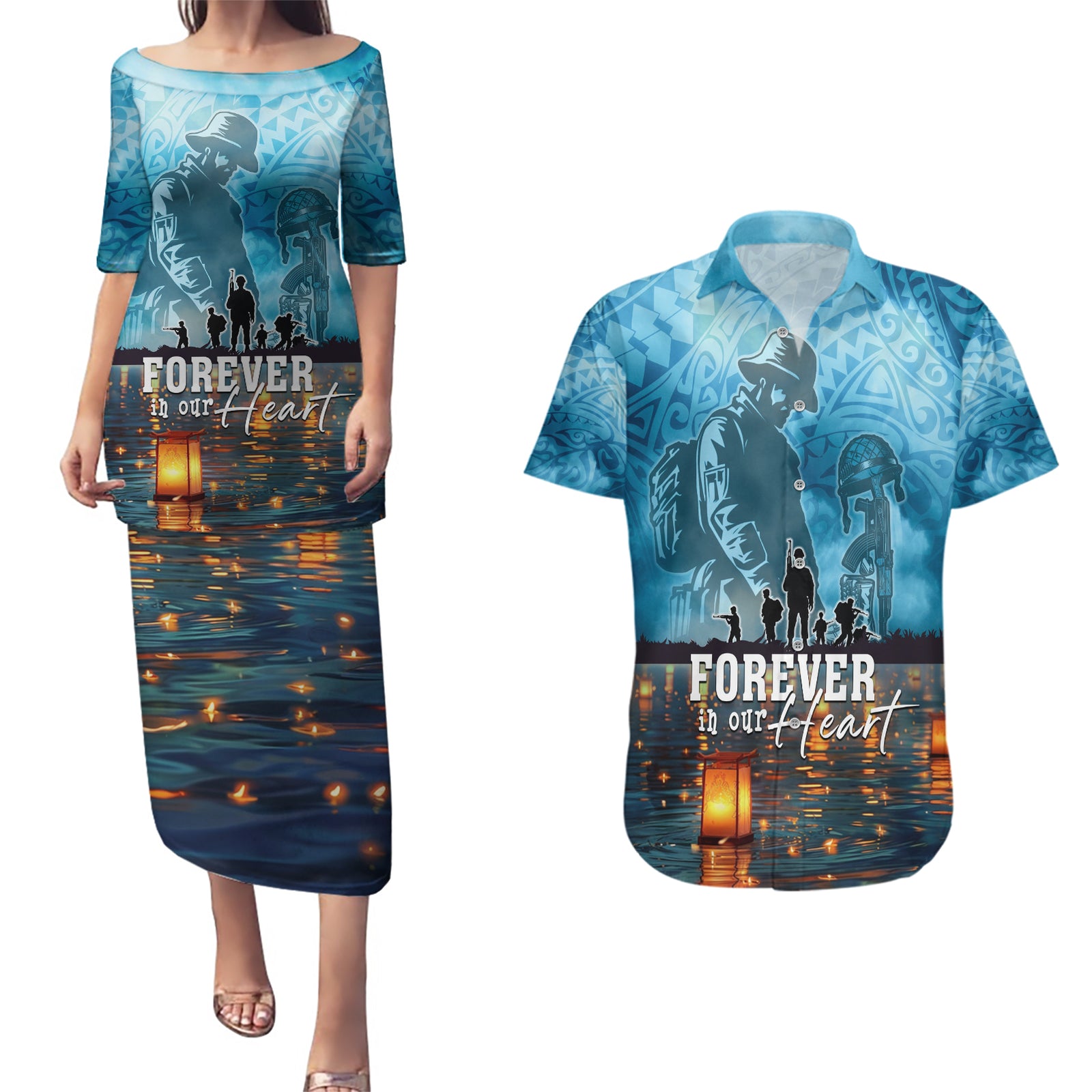 Hawaii Memorial Day Lantern Floating Couples Matching Puletasi and Hawaiian Shirt Always In Our Hearts