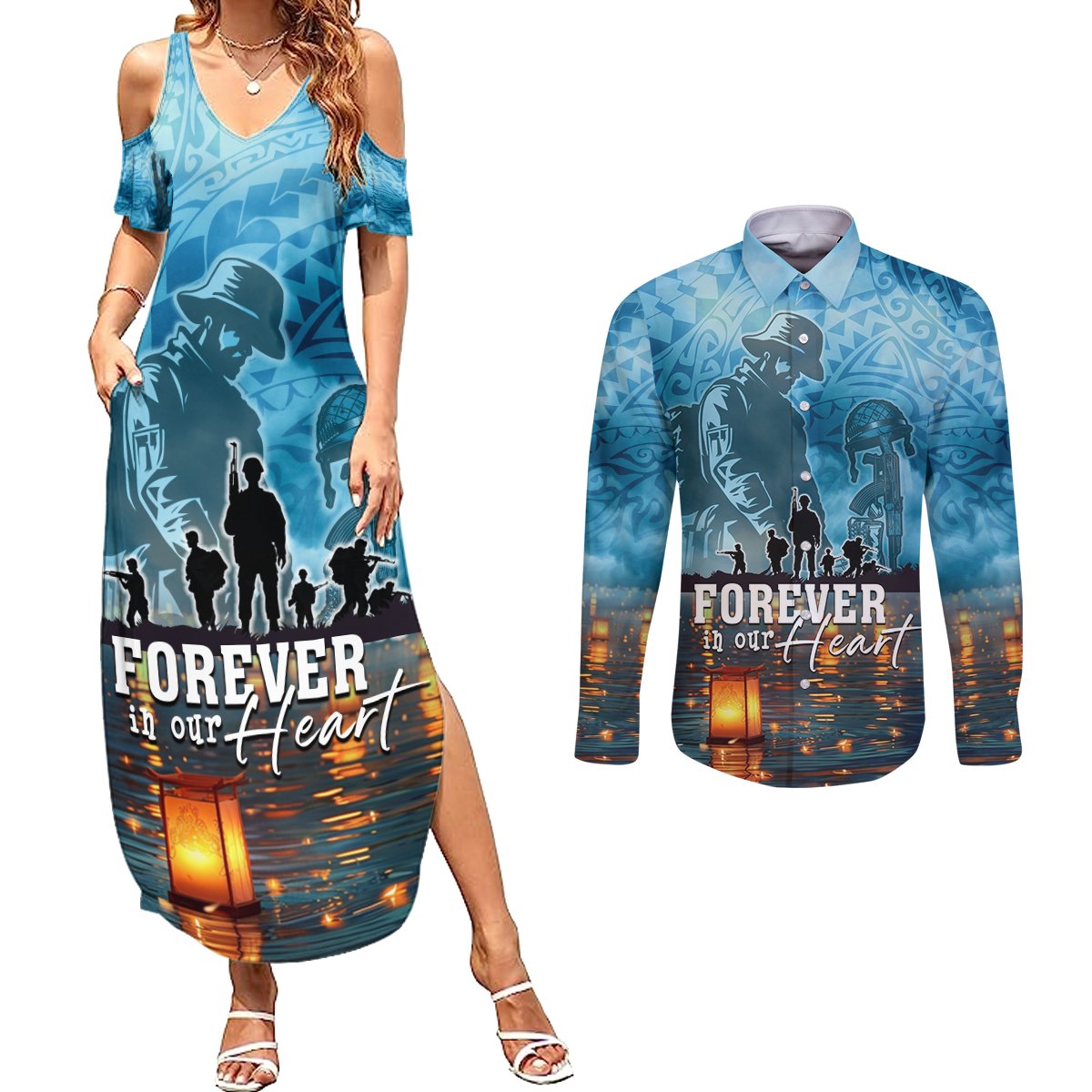 Hawaii Memorial Day Lantern Floating Couples Matching Summer Maxi Dress and Long Sleeve Button Shirt Always In Our Hearts