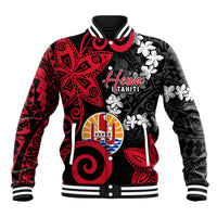 Tahiti Heiva Festival Baseball Jacket Floral Pattern With Coat Of Arms LT05 Unisex Black - Polynesian Pride