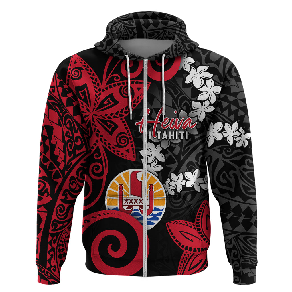 Tahiti Heiva Festival Hoodie Floral Pattern With Coat Of Arms LT05 Zip Hoodie Black - Polynesian Pride