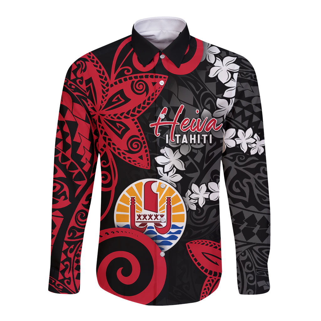 Tahiti Heiva Festival Long Sleeve Button Shirt Floral Pattern With Coat Of Arms LT05 Unisex Black - Polynesian Pride