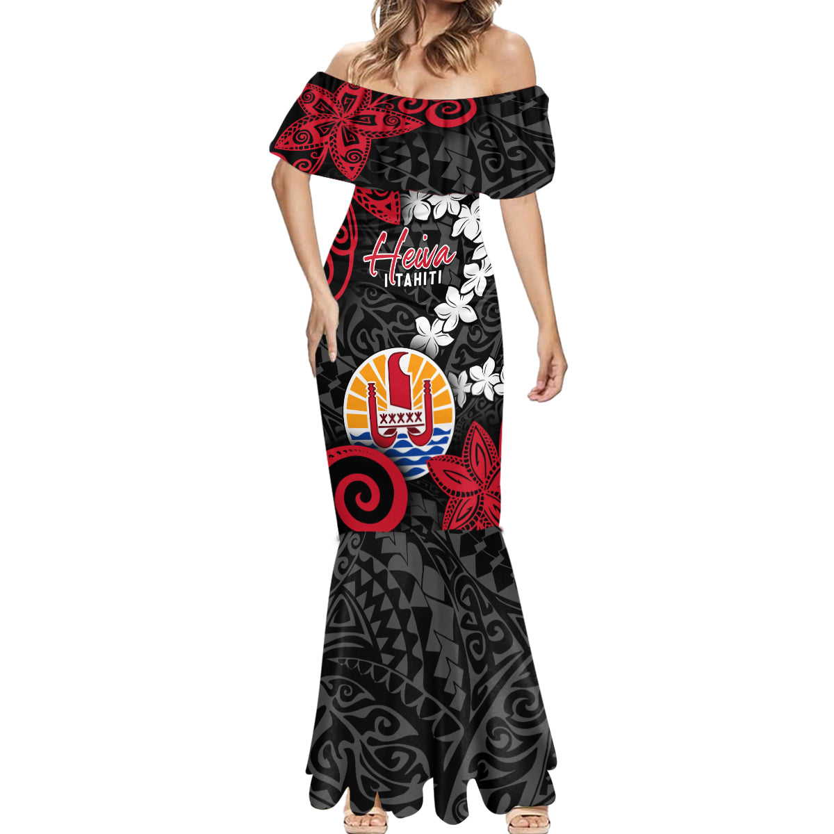Tahiti Heiva Festival Mermaid Dress Floral Pattern With Coat Of Arms