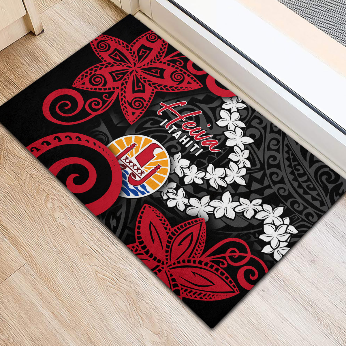 Tahiti Heiva Festival Rubber Doormat Floral Pattern With Coat Of Arms LT05 - Polynesian Pride