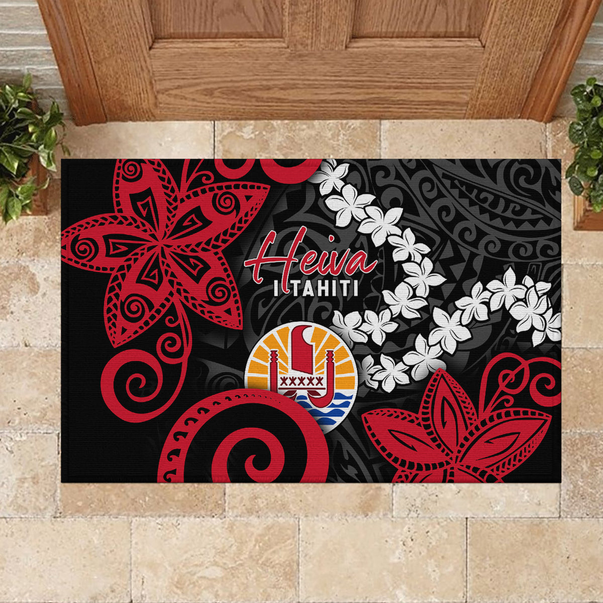 Tahiti Heiva Festival Rubber Doormat Floral Pattern With Coat Of Arms LT05 - Polynesian Pride