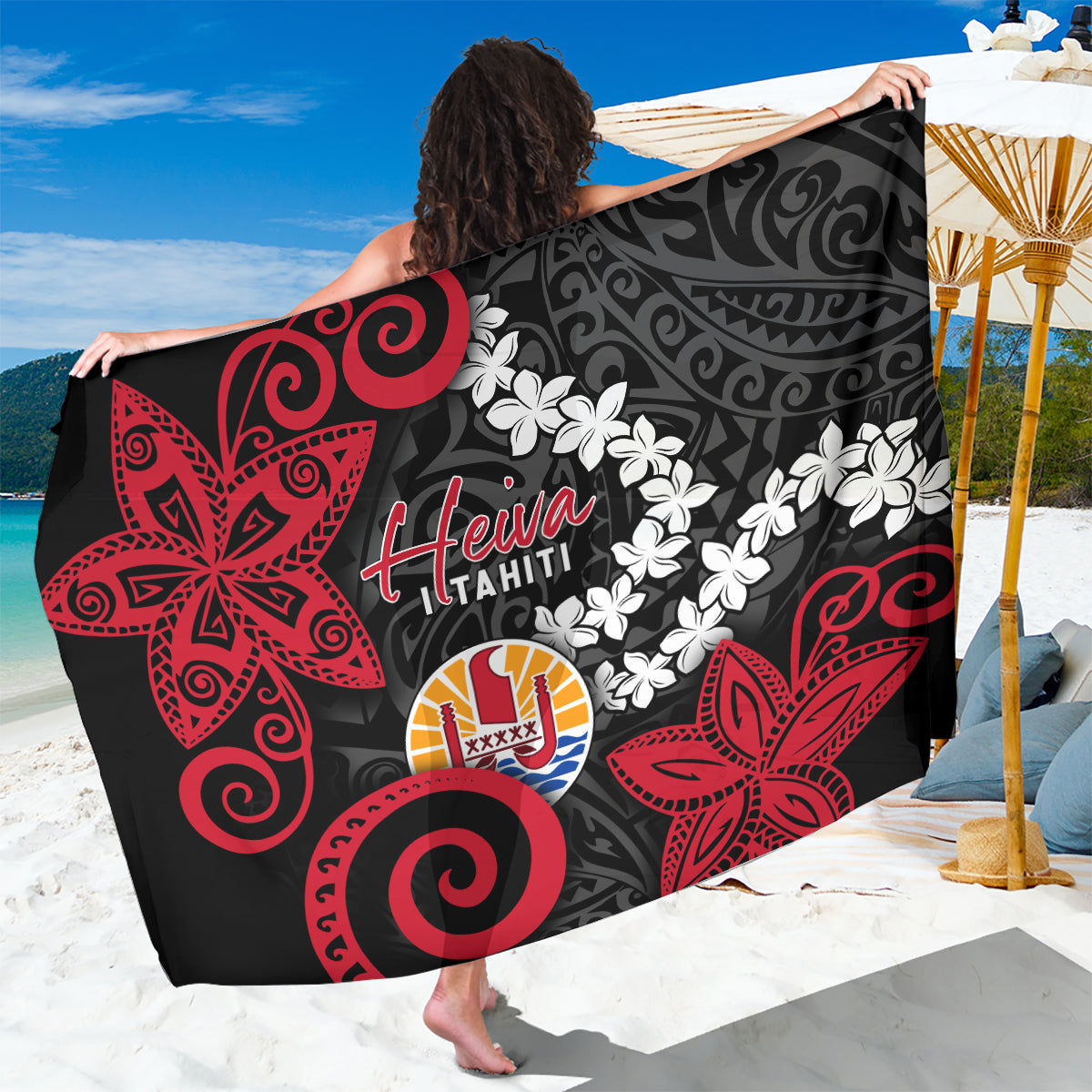 Tahiti Heiva Festival Sarong Floral Pattern With Coat Of Arms LT05 One Size 44 x 66 inches Black - Polynesian Pride