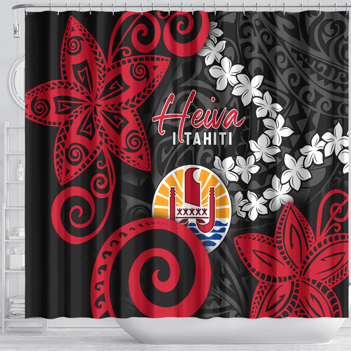 Tahiti Heiva Festival Shower Curtain Floral Pattern With Coat Of Arms