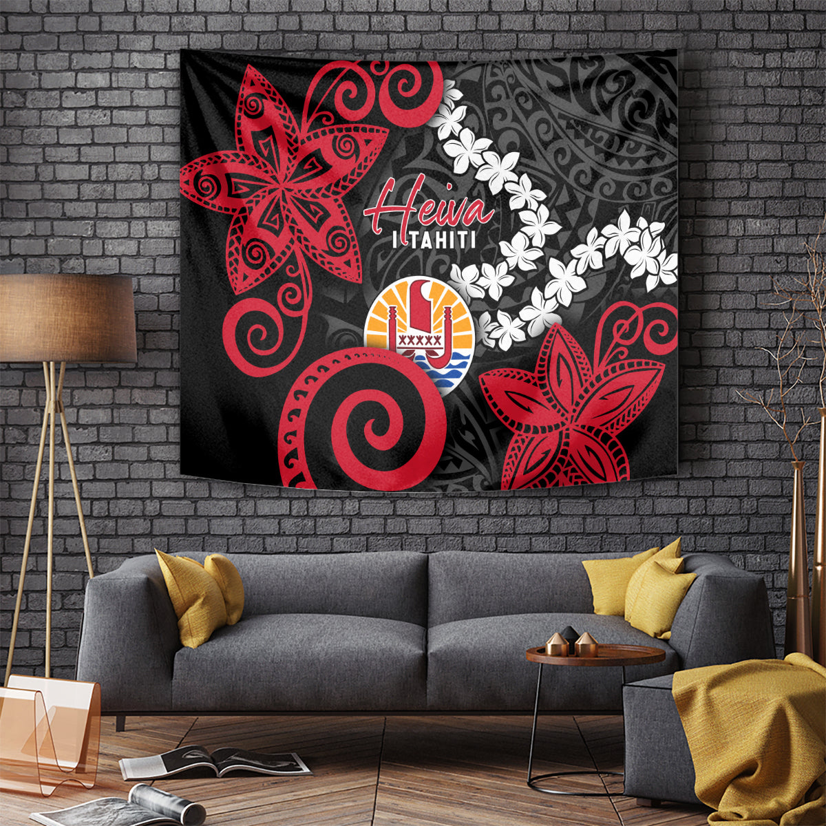 Tahiti Heiva Festival Tapestry Floral Pattern With Coat Of Arms LT05 - Polynesian Pride