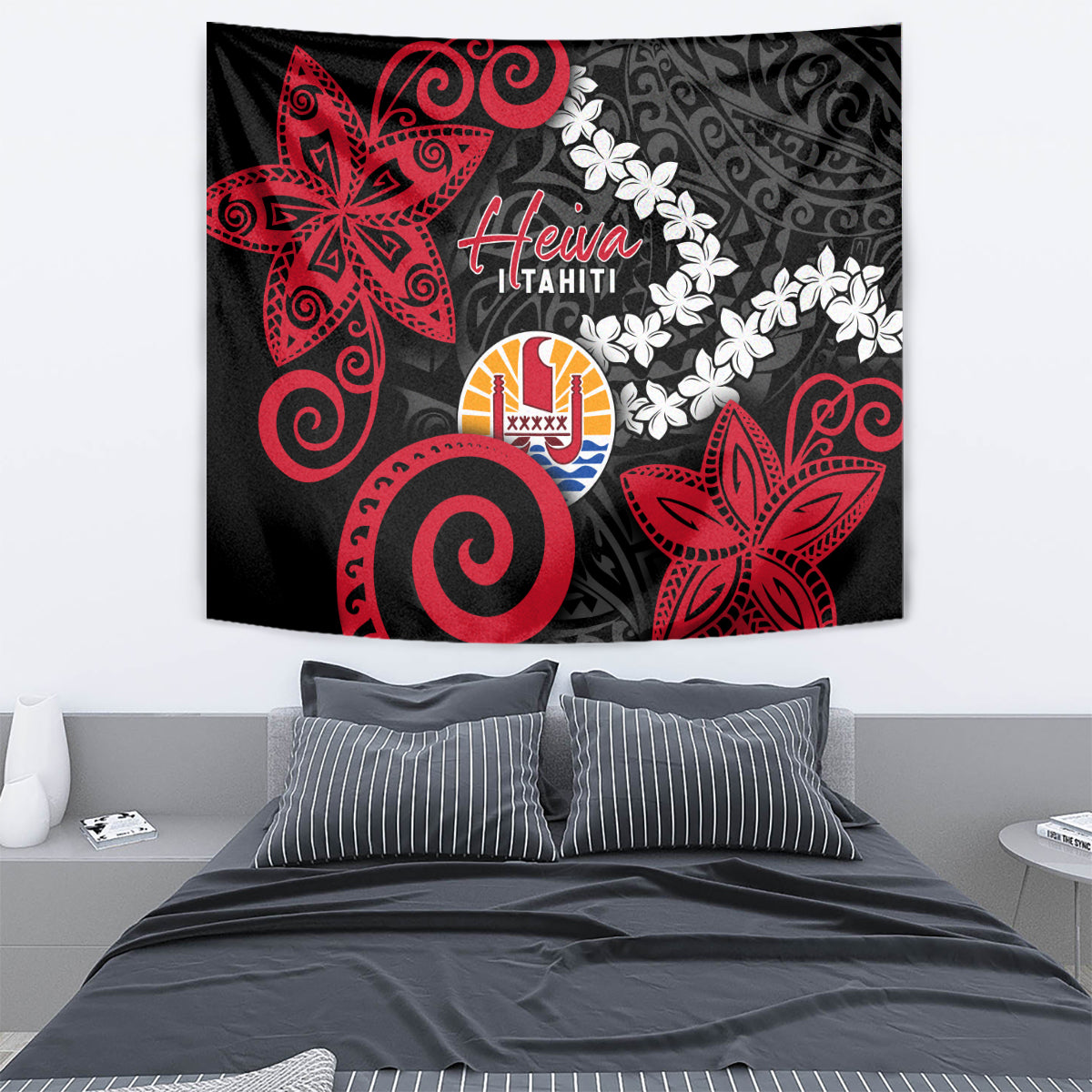 Tahiti Heiva Festival Tapestry Floral Pattern With Coat Of Arms LT05 - Polynesian Pride