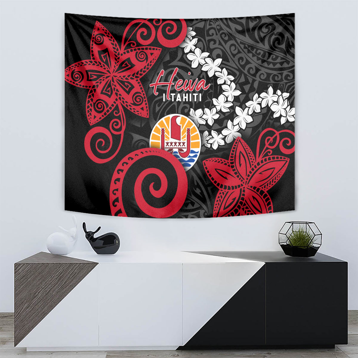 Tahiti Heiva Festival Tapestry Floral Pattern With Coat Of Arms LT05 - Polynesian Pride