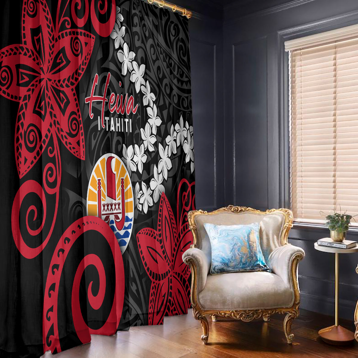 Tahiti Heiva Festival Window Curtain Floral Pattern With Coat Of Arms LT05 - Polynesian Pride