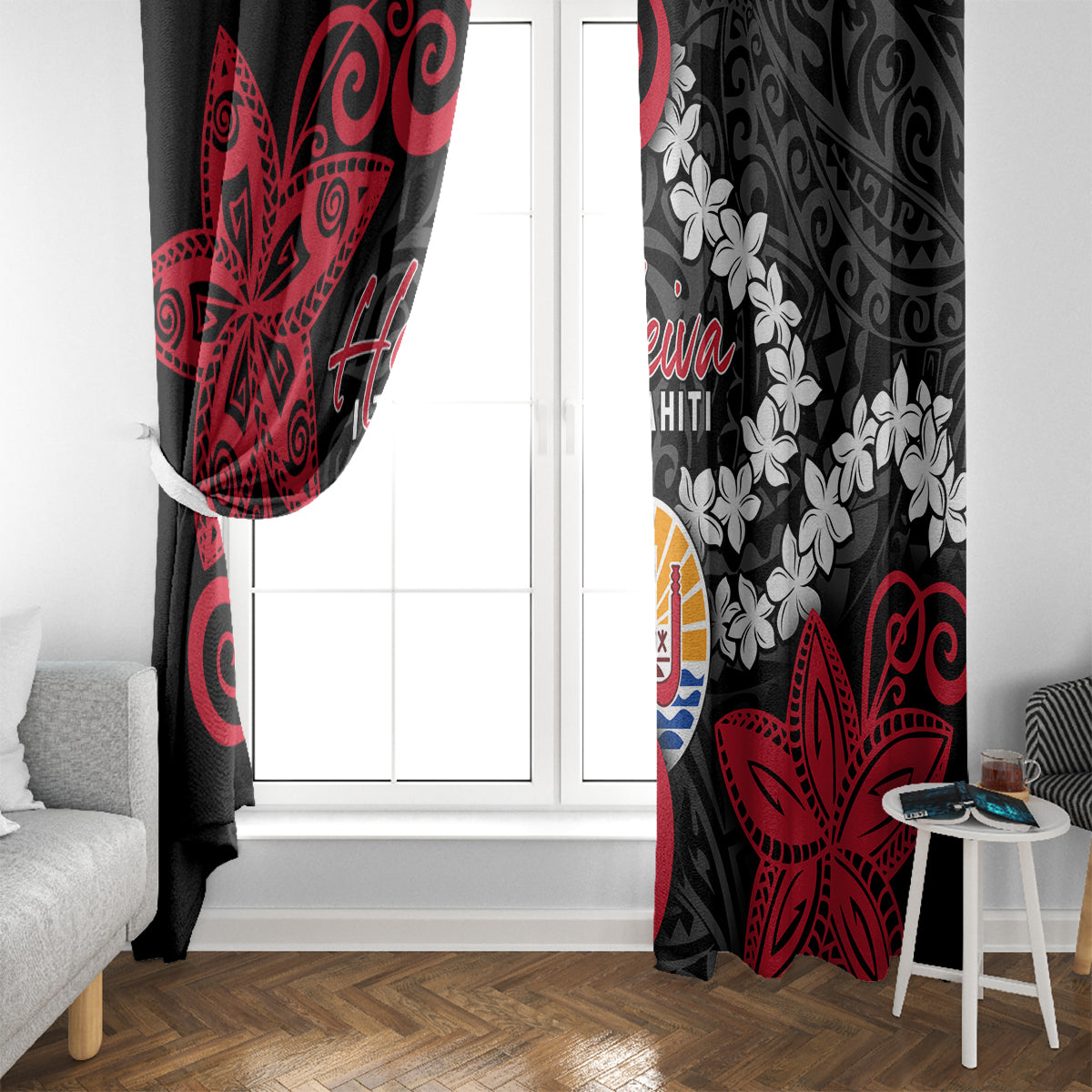 Tahiti Heiva Festival Window Curtain Floral Pattern With Coat Of Arms LT05 - Polynesian Pride
