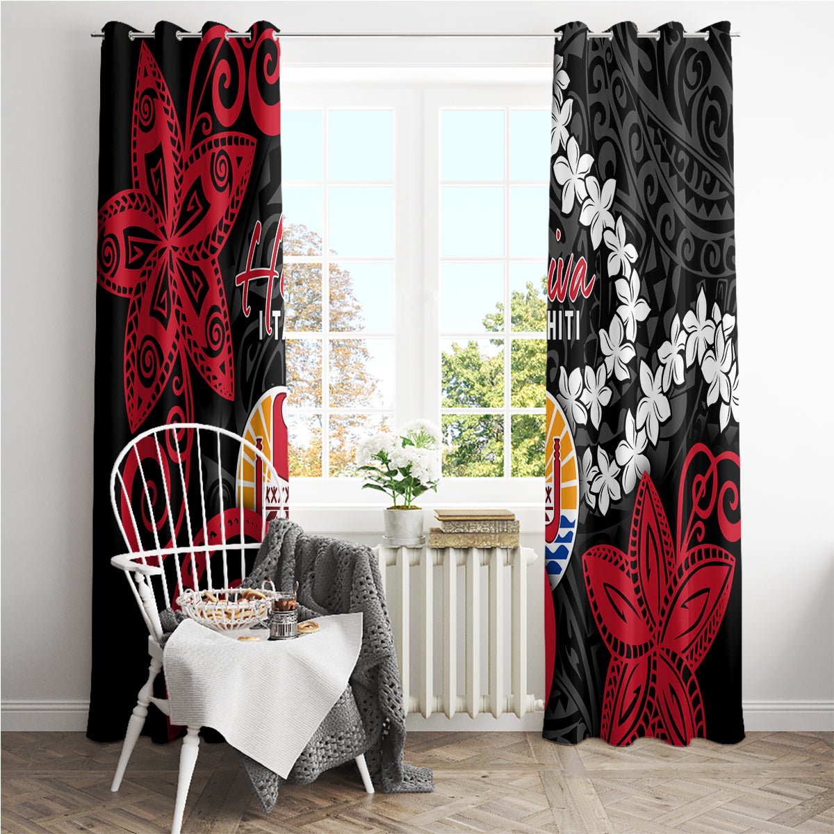 Tahiti Heiva Festival Window Curtain Floral Pattern With Coat Of Arms LT05 - Polynesian Pride