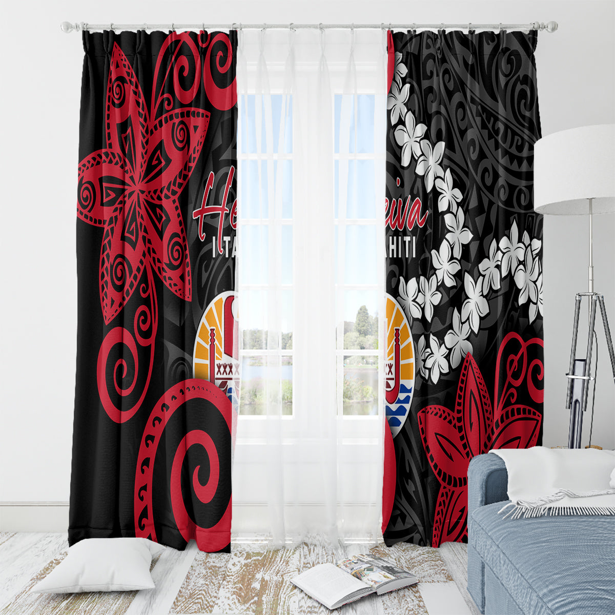 Tahiti Heiva Festival Window Curtain Floral Pattern With Coat Of Arms LT05 - Polynesian Pride