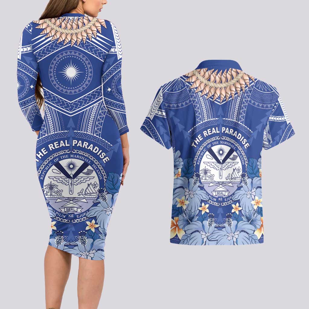 Marshall Islands Jemenei Day Couples Matching Long Sleeve Bodycon Dress and Hawaiian Shirt Polynesian Tribal Tattoo Seashell Necklace