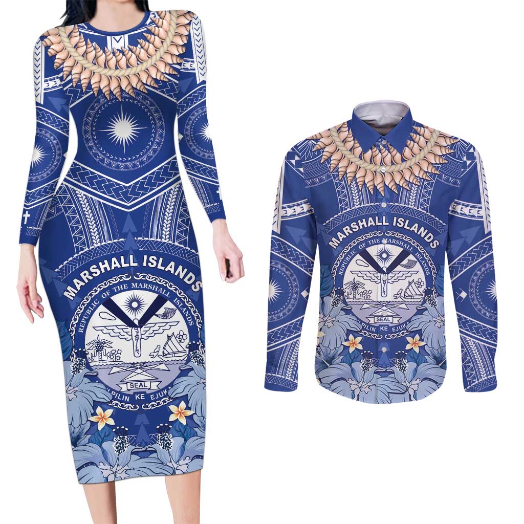 Marshall Islands Jemenei Day Couples Matching Long Sleeve Bodycon Dress and Long Sleeve Button Shirt Polynesian Tribal Tattoo Seashell Necklace