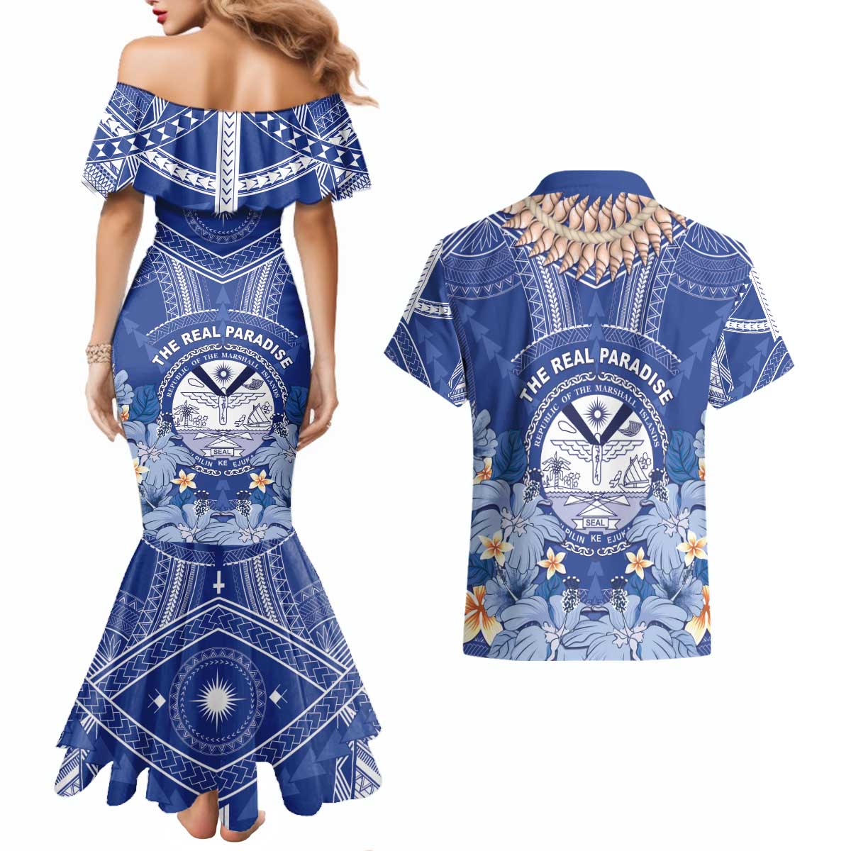 Marshall Islands Jemenei Day Couples Matching Mermaid Dress and Hawaiian Shirt Polynesian Tribal Tattoo Seashell Necklace