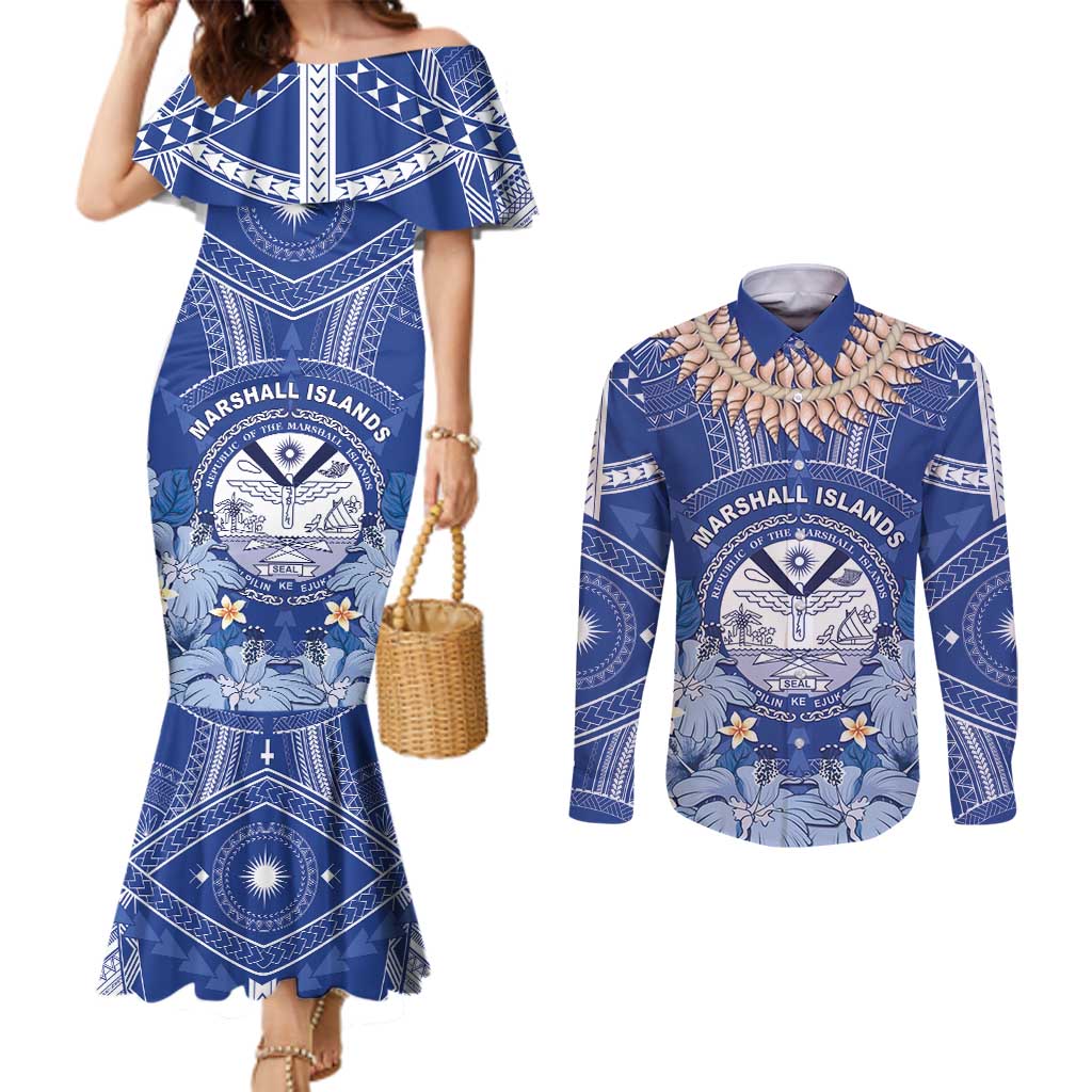 Marshall Islands Jemenei Day Couples Matching Mermaid Dress and Long Sleeve Button Shirt Polynesian Tribal Tattoo Seashell Necklace