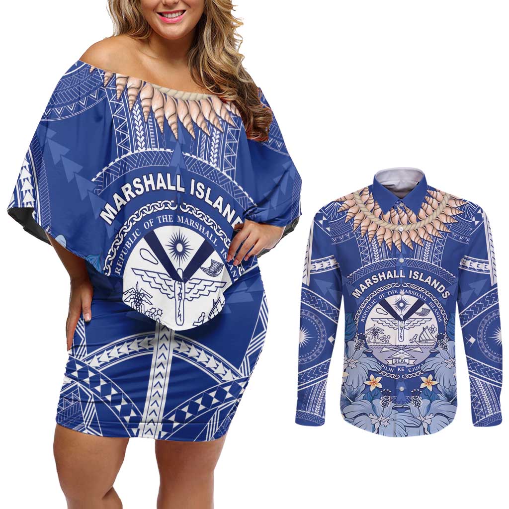 Marshall Islands Jemenei Day Couples Matching Off Shoulder Short Dress and Long Sleeve Button Shirt Polynesian Tribal Tattoo Seashell Necklace