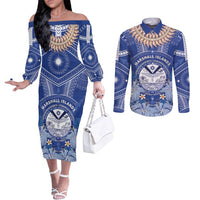 Marshall Islands Jemenei Day Couples Matching Off The Shoulder Long Sleeve Dress and Long Sleeve Button Shirt Polynesian Tribal Tattoo Seashell Necklace