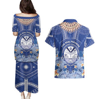 Marshall Islands Jemenei Day Couples Matching Puletasi and Hawaiian Shirt Polynesian Tribal Tattoo Seashell Necklace