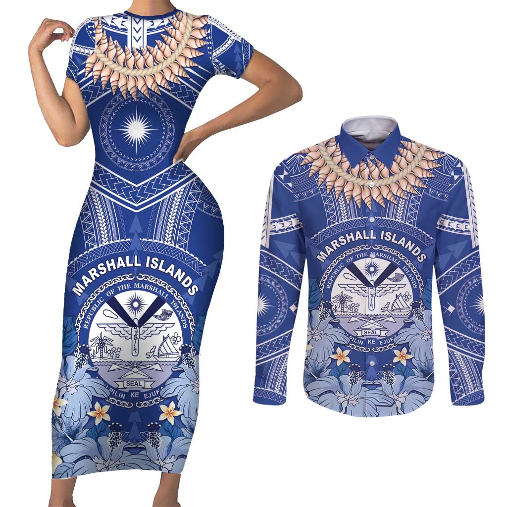 Marshall Islands Jemenei Day Couples Matching Short Sleeve Bodycon Dress and Long Sleeve Button Shirt Polynesian Tribal Tattoo Seashell Necklace