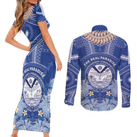 Marshall Islands Jemenei Day Couples Matching Short Sleeve Bodycon Dress and Long Sleeve Button Shirt Polynesian Tribal Tattoo Seashell Necklace