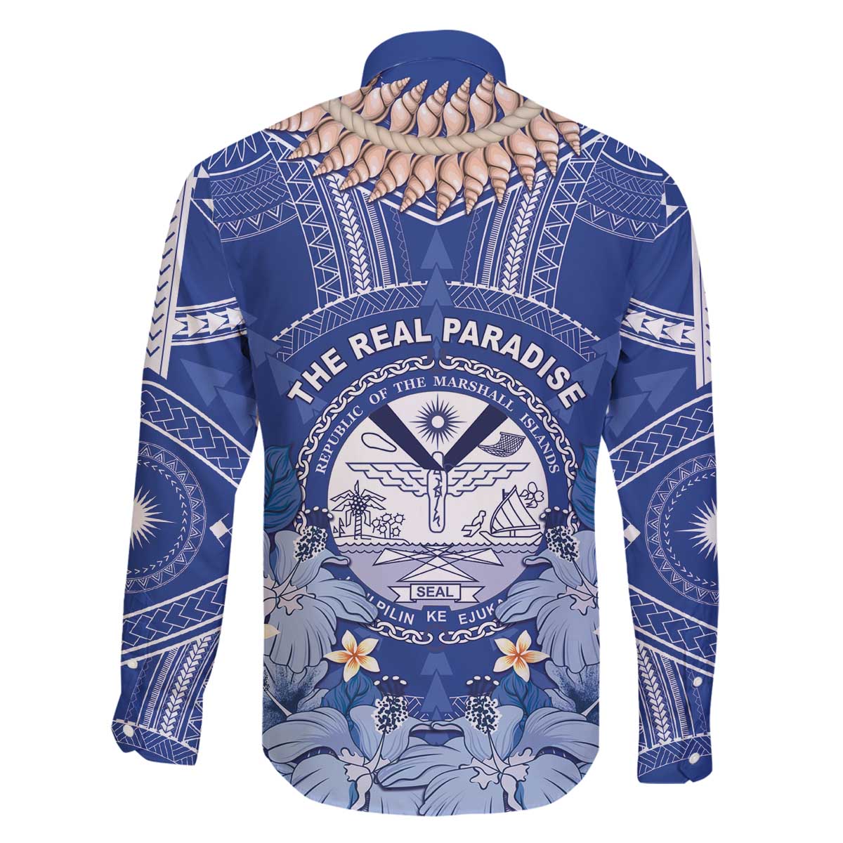 Marshall Islands Jemenei Day Family Matching Off The Shoulder Long Sleeve Dress and Hawaiian Shirt Polynesian Tribal Tattoo Seashell Necklace