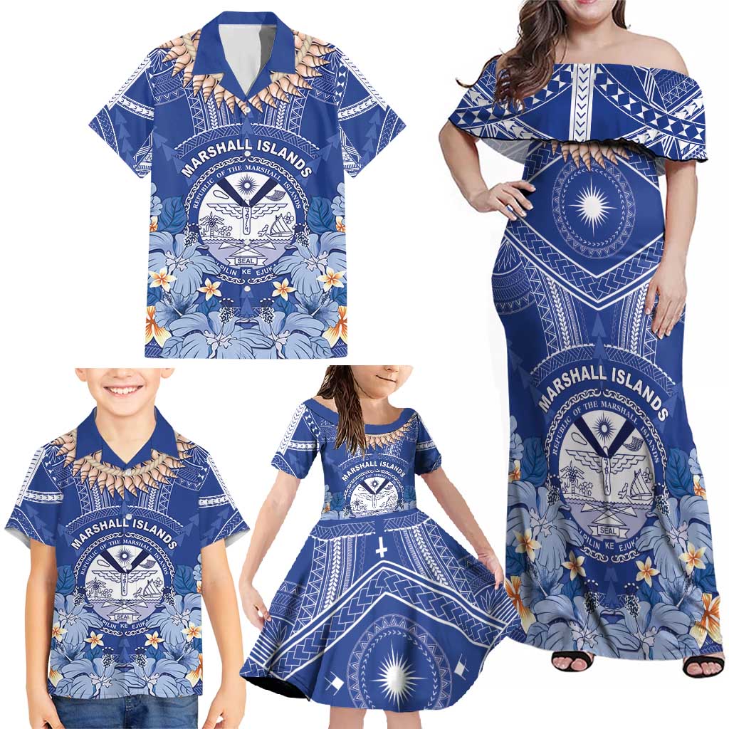 Marshall Islands Jemenei Day Family Matching Off Shoulder Maxi Dress and Hawaiian Shirt Polynesian Tribal Tattoo Seashell Necklace