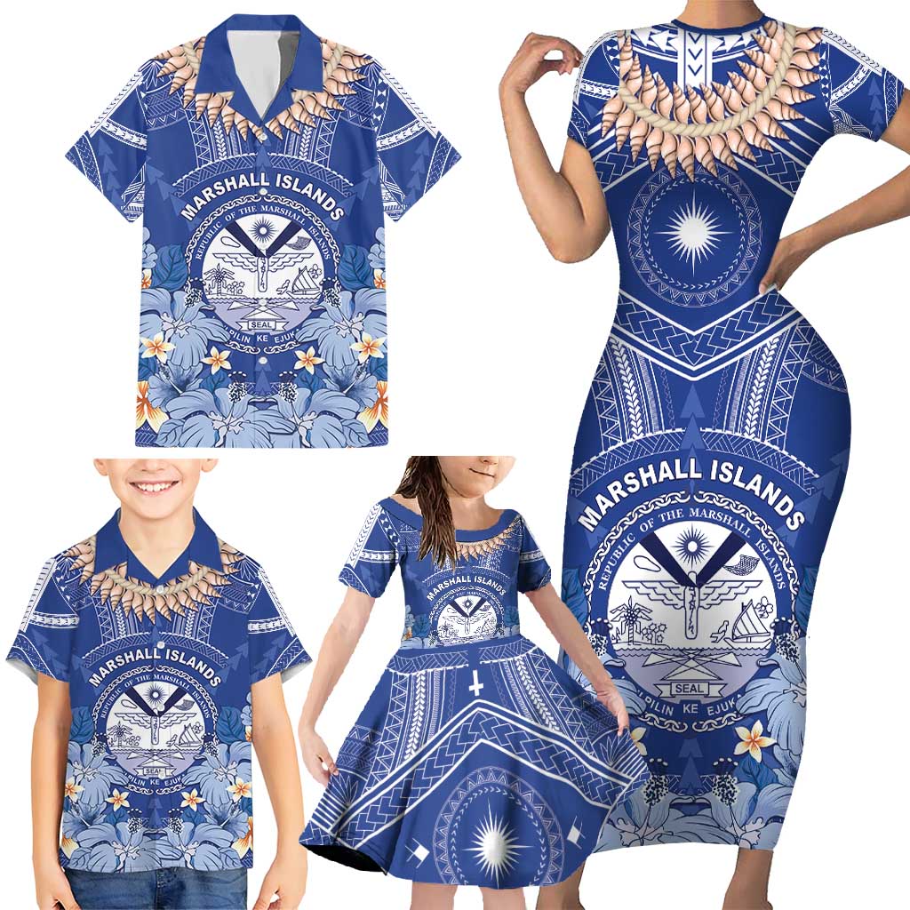 Marshall Islands Jemenei Day Family Matching Short Sleeve Bodycon Dress and Hawaiian Shirt Polynesian Tribal Tattoo Seashell Necklace