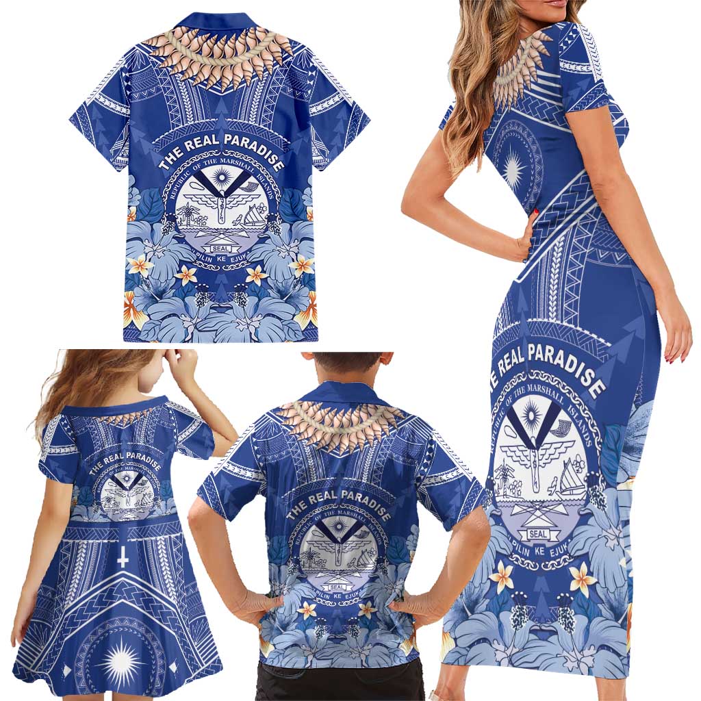 Marshall Islands Jemenei Day Family Matching Short Sleeve Bodycon Dress and Hawaiian Shirt Polynesian Tribal Tattoo Seashell Necklace