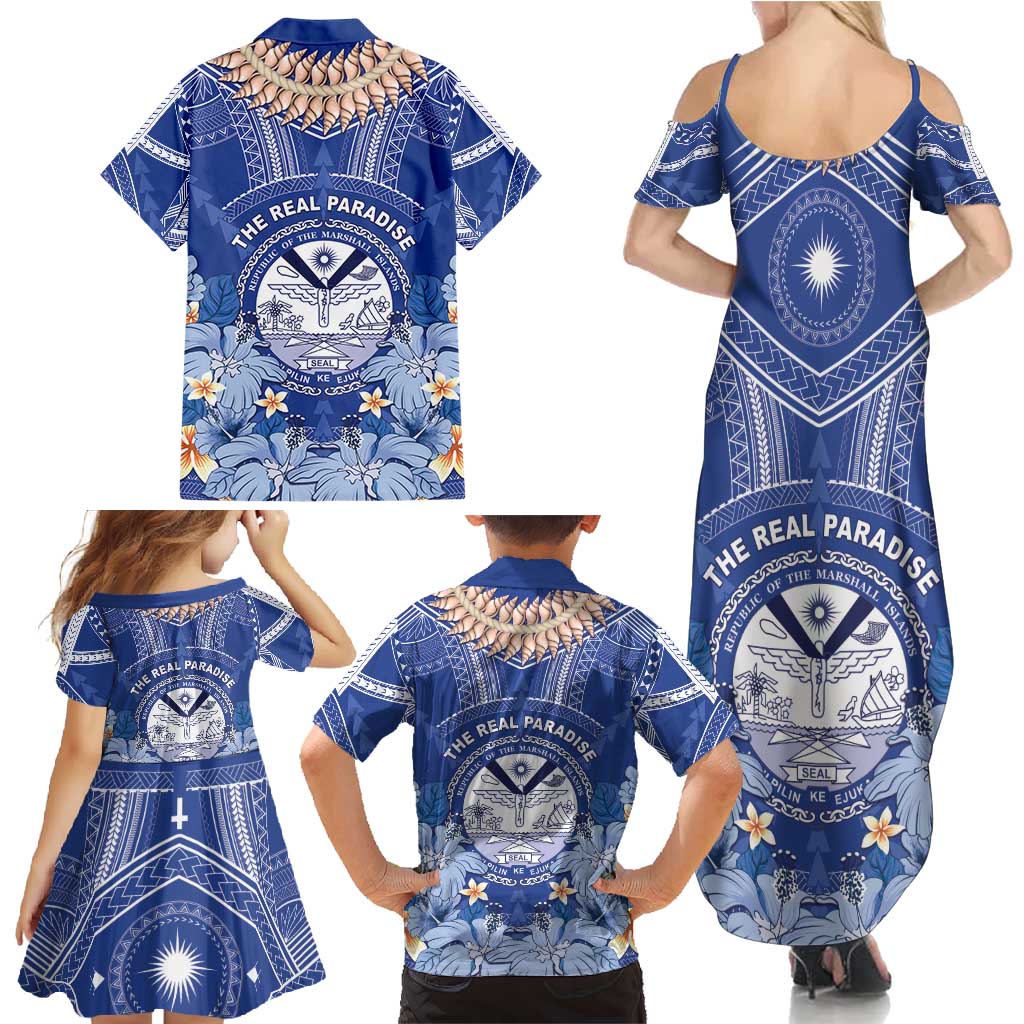 Marshall Islands Jemenei Day Family Matching Summer Maxi Dress and Hawaiian Shirt Polynesian Tribal Tattoo Seashell Necklace