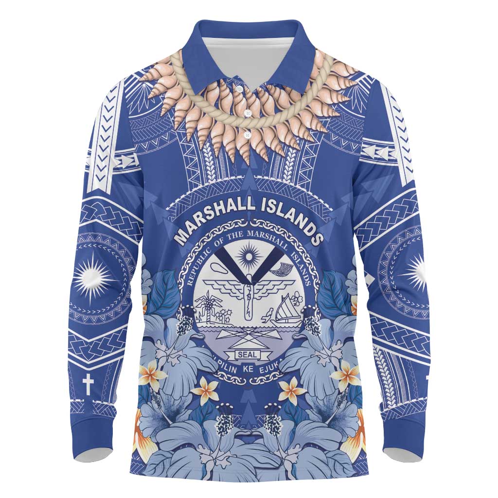 Marshall Islands Jemenei Day Long Sleeve Polo Shirt Polynesian Tribal Tattoo Seashell Necklace
