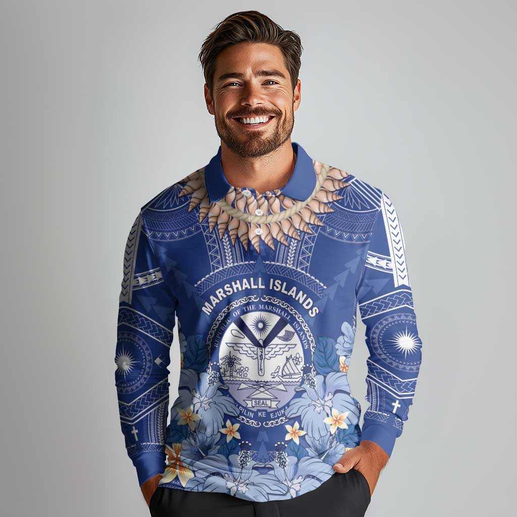 Marshall Islands Jemenei Day Long Sleeve Polo Shirt Polynesian Tribal Tattoo Seashell Necklace