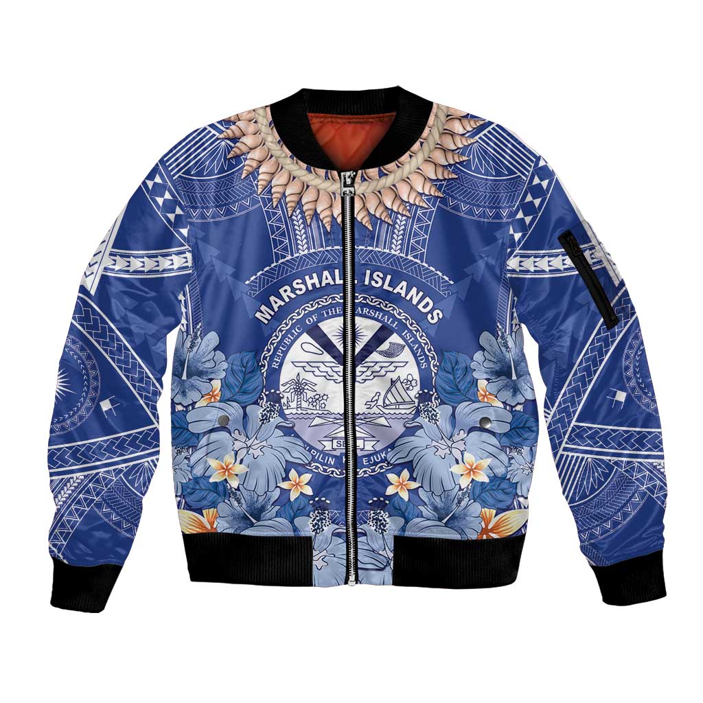 Marshall Islands Jemenei Day Sleeve Zip Bomber Jacket Polynesian Tribal Tattoo Seashell Necklace