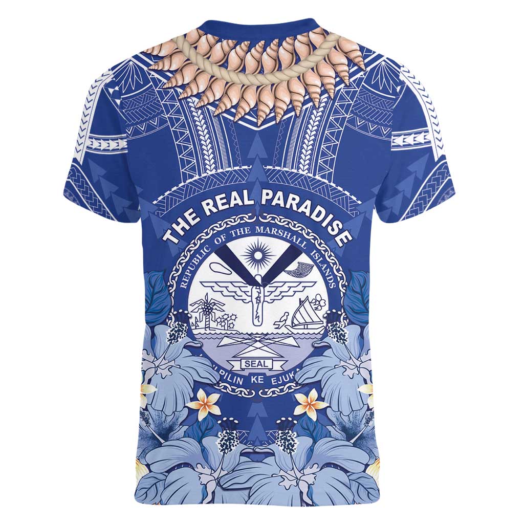 Marshall Islands Jemenei Day Women V-Neck T-Shirt Polynesian Tribal Tattoo Seashell Necklace