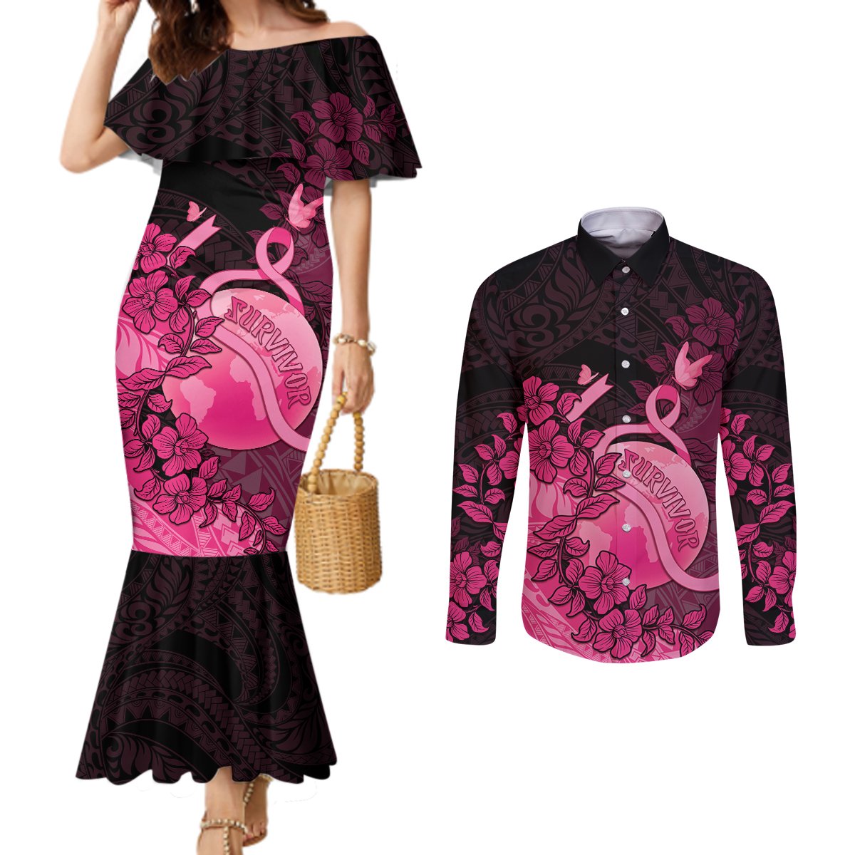 Personalised Cancer Fighter Couples Matching Mermaid Dress and Long Sleeve Button Shirt I Beat Cancer