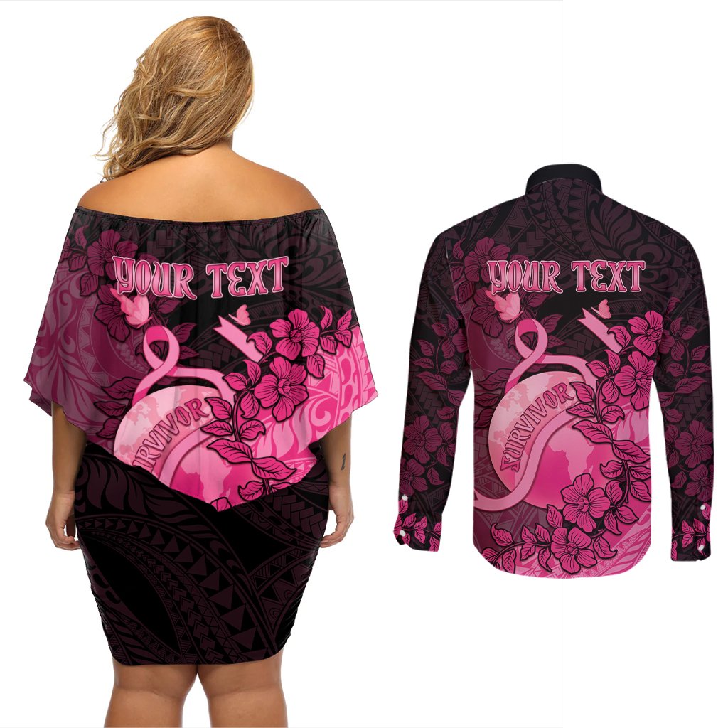 Personalised Cancer Fighter Couples Matching Off Shoulder Short Dress and Long Sleeve Button Shirt I Beat Cancer