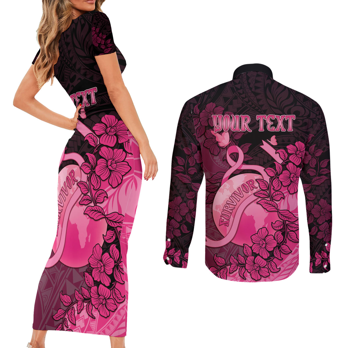 Personalised Cancer Fighter Couples Matching Short Sleeve Bodycon Dress and Long Sleeve Button Shirt I Beat Cancer