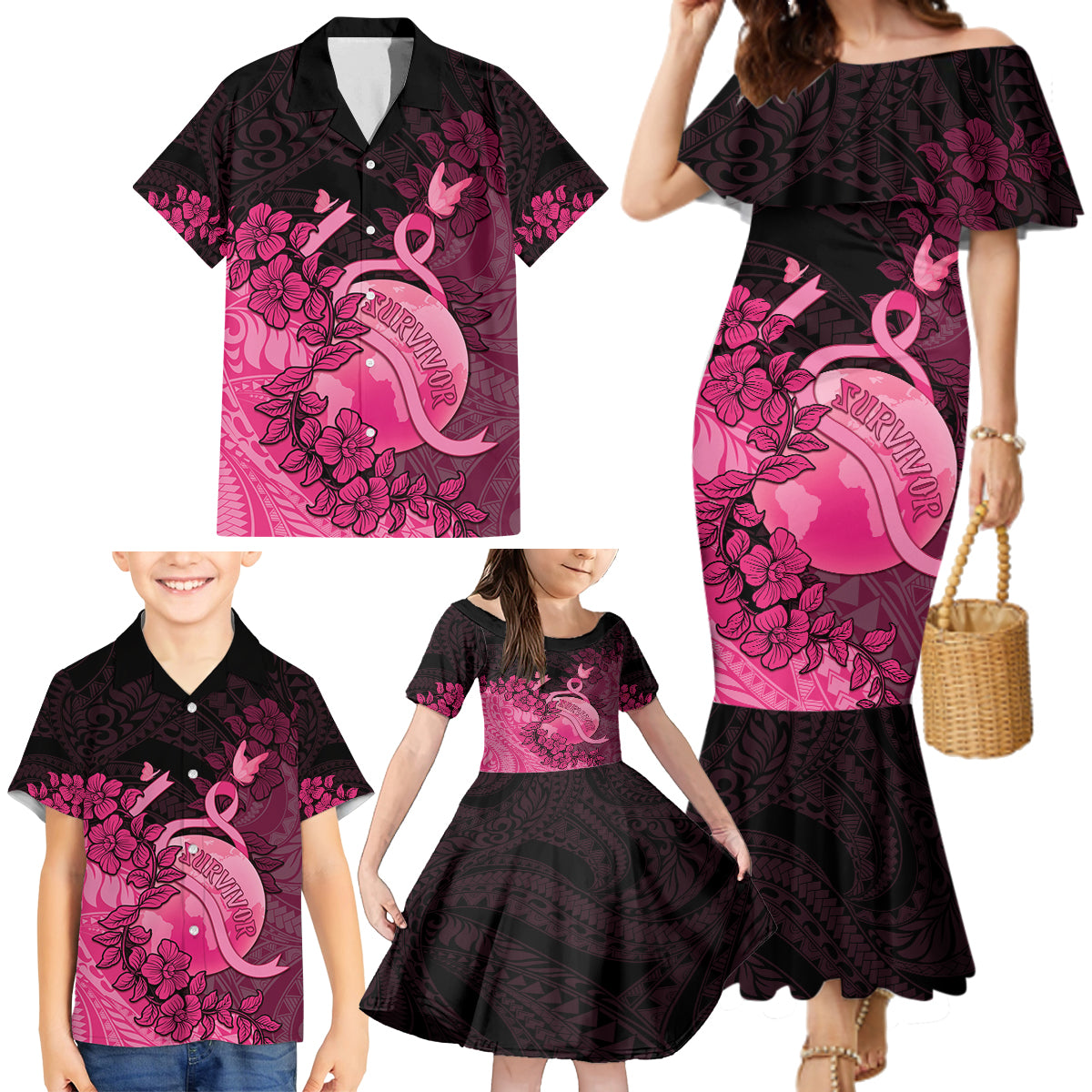 Personalised Cancer Fighter Family Matching Mermaid Dress and Hawaiian Shirt I Beat Cancer