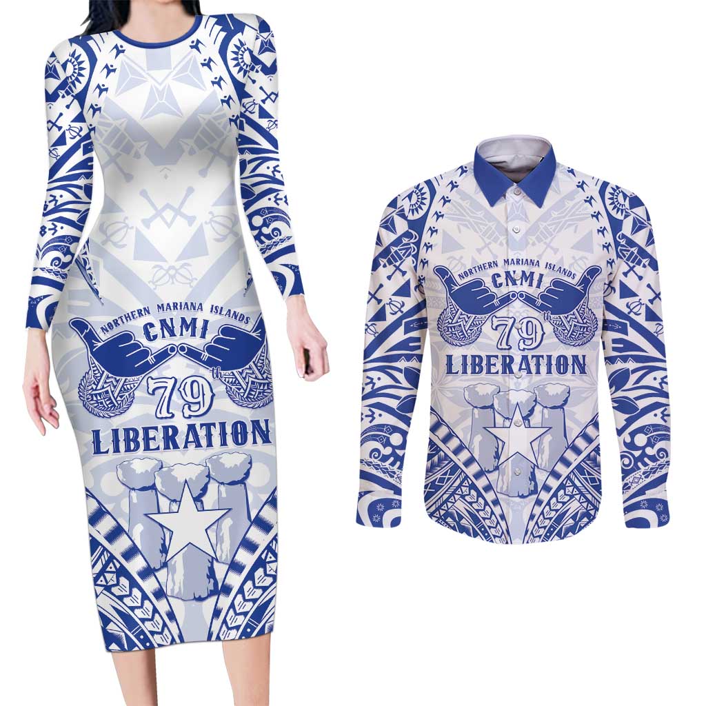 Northern Mariana Islands Liberation Day Couples Matching Long Sleeve Bodycon Dress and Long Sleeve Button Shirt 79th Anniversary