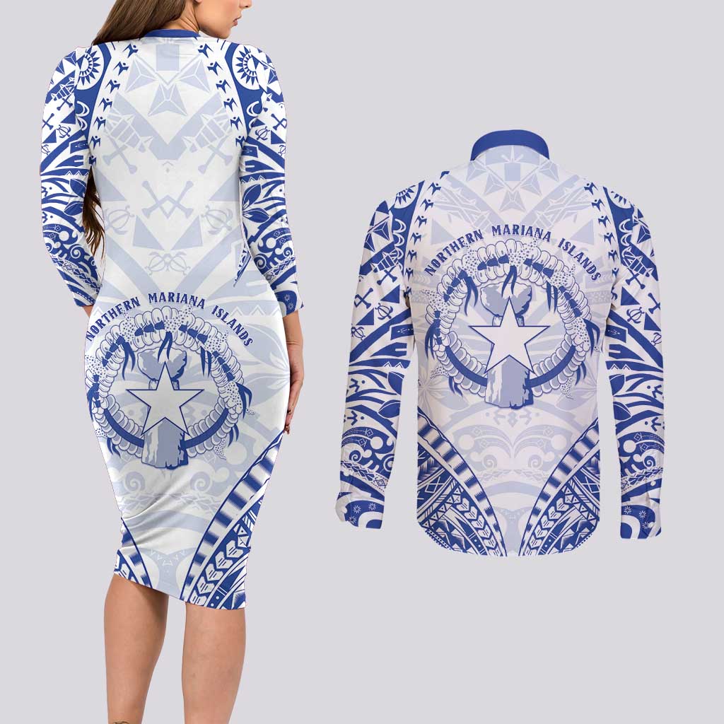 Northern Mariana Islands Liberation Day Couples Matching Long Sleeve Bodycon Dress and Long Sleeve Button Shirt 79th Anniversary
