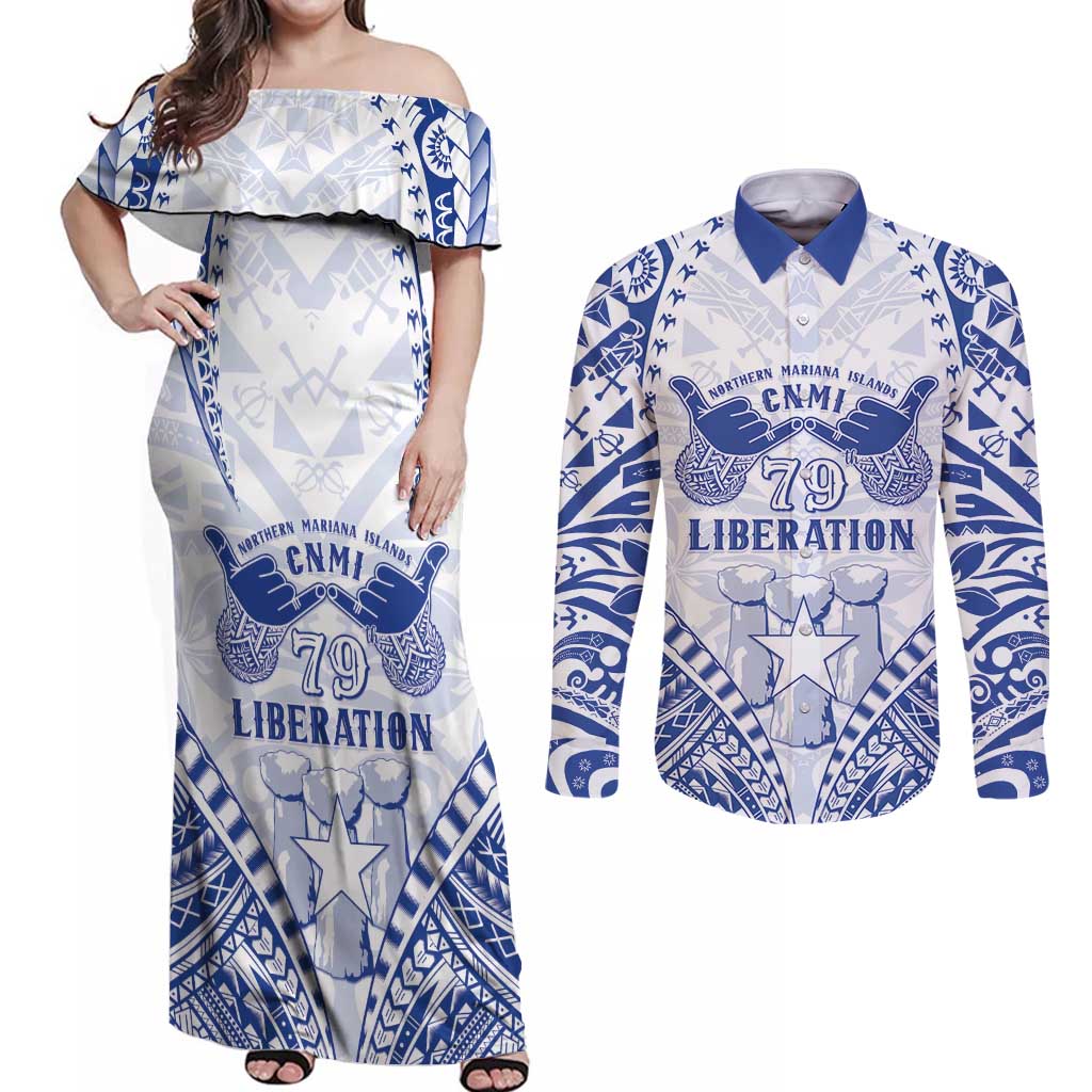 Northern Mariana Islands Liberation Day Couples Matching Off Shoulder Maxi Dress and Long Sleeve Button Shirt 79th Anniversary