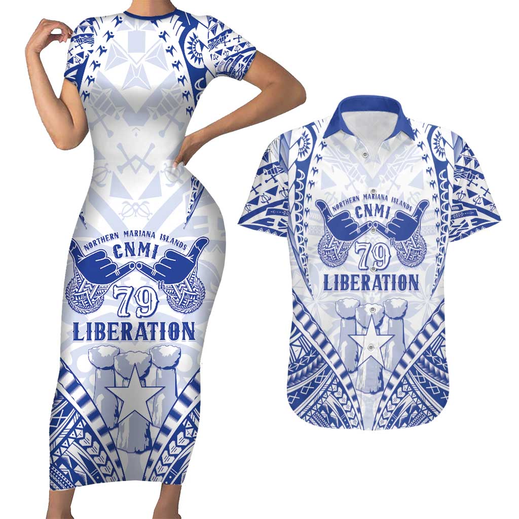 Northern Mariana Islands Liberation Day Couples Matching Short Sleeve Bodycon Dress and Hawaiian Shirt 79th Anniversary