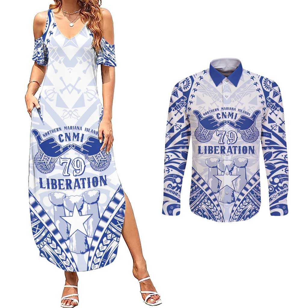 Northern Mariana Islands Liberation Day Couples Matching Summer Maxi Dress and Long Sleeve Button Shirt 79th Anniversary