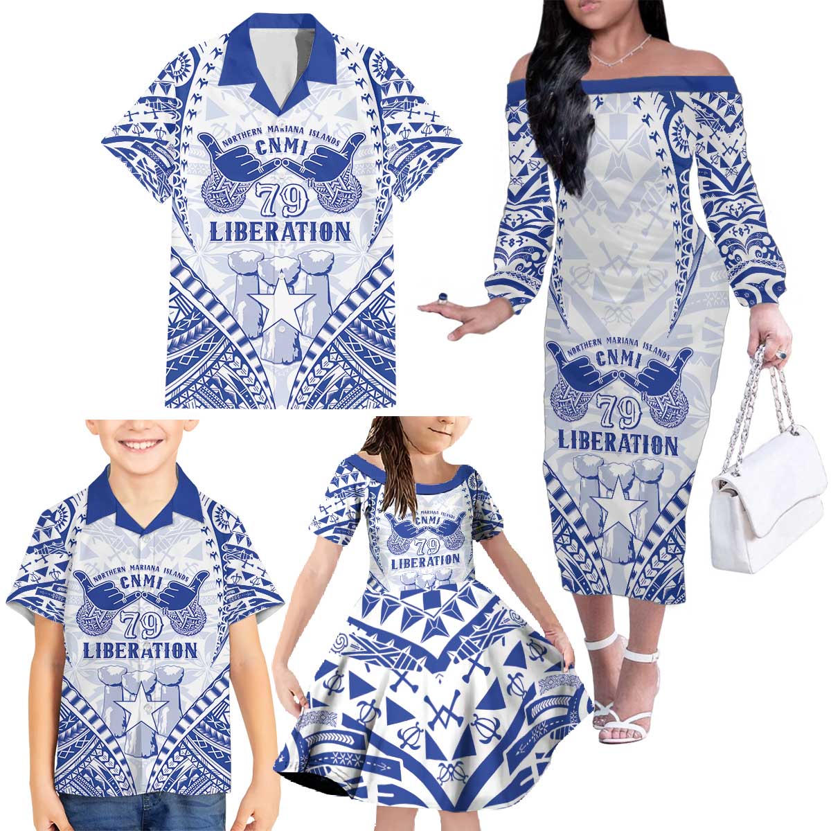 Northern Mariana Islands Liberation Day Family Matching Off The Shoulder Long Sleeve Dress and Hawaiian Shirt 79th Anniversary
