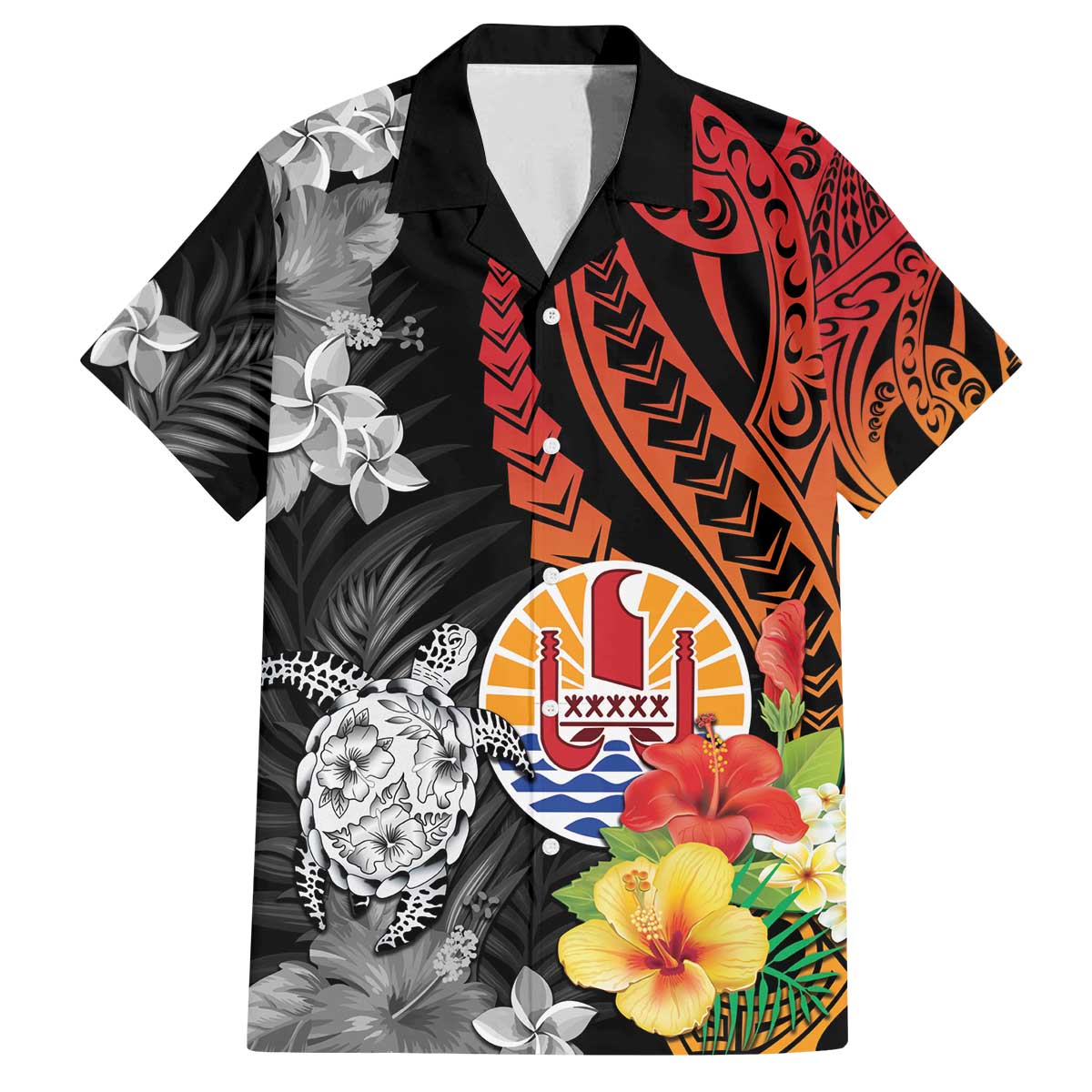 French Polynesia Bastille Day Family Matching Off Shoulder Short Dress and Hawaiian Shirt Tropical Turtle Hibiscus Polynesian Pattern