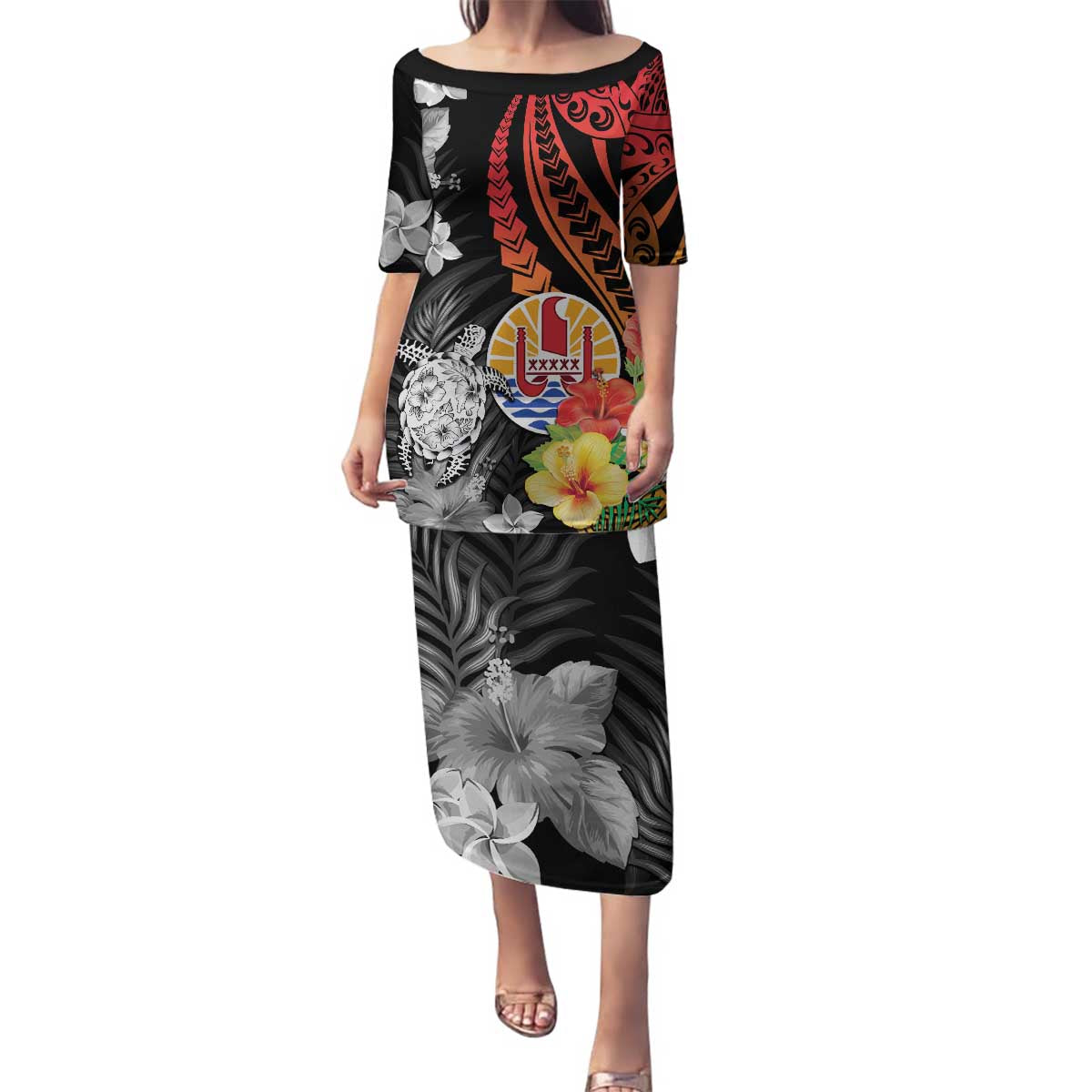 French Polynesia Bastille Day Family Matching Puletasi and Hawaiian Shirt Tropical Turtle Hibiscus Polynesian Pattern