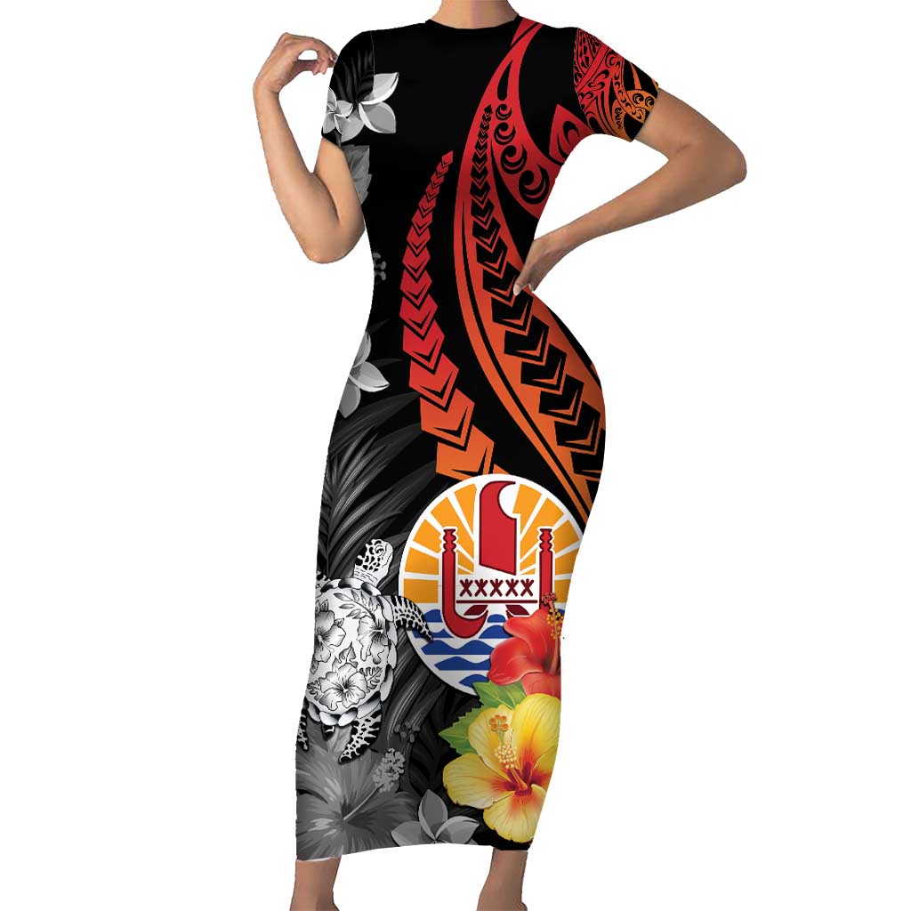French Polynesia Bastille Day Family Matching Short Sleeve Bodycon Dress and Hawaiian Shirt Tropical Turtle Hibiscus Polynesian Pattern