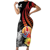 French Polynesia Bastille Day Family Matching Short Sleeve Bodycon Dress and Hawaiian Shirt Tropical Turtle Hibiscus Polynesian Pattern