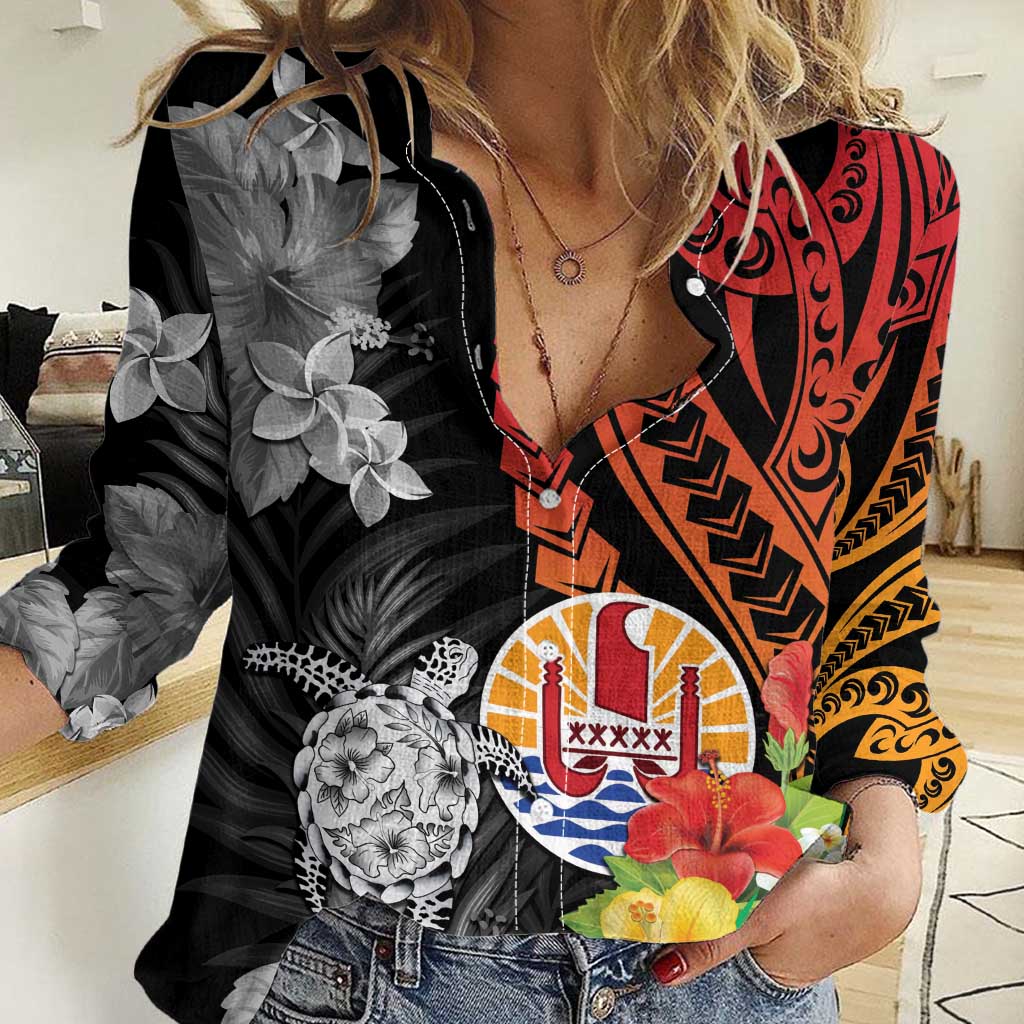 French Polynesia Bastille Day Women Casual Shirt Tropical Turtle Hibiscus Polynesian Pattern